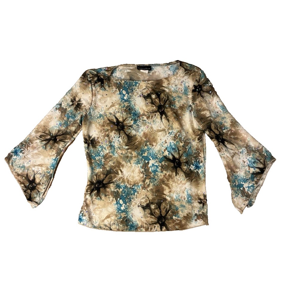 VTG Brittany Black Floral Blouse Teal Brown Sequin Y2K Top USA Made M Fairycore